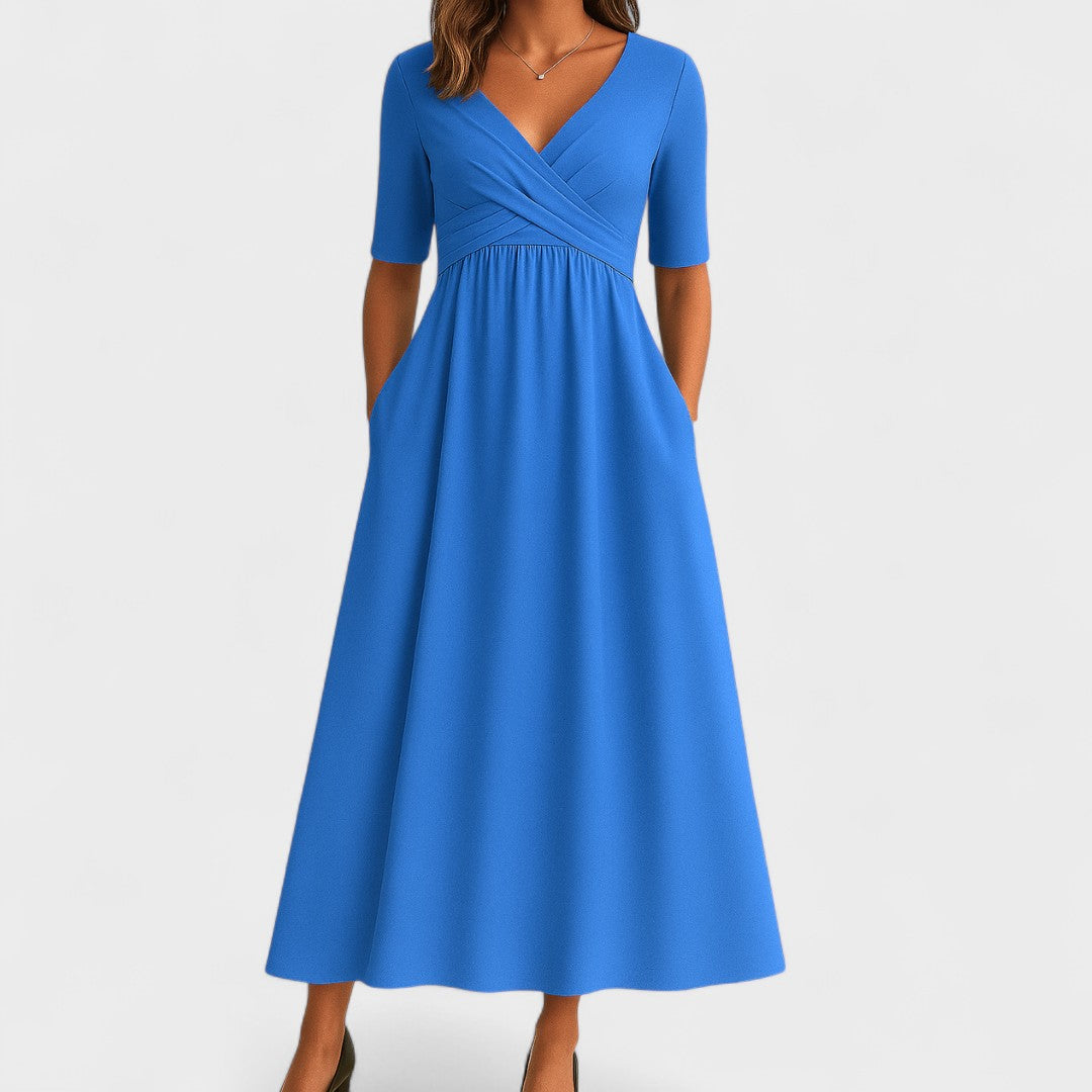 Aurora Női Elegáns V-nyakú Midi Ruha Minimalista Stílus