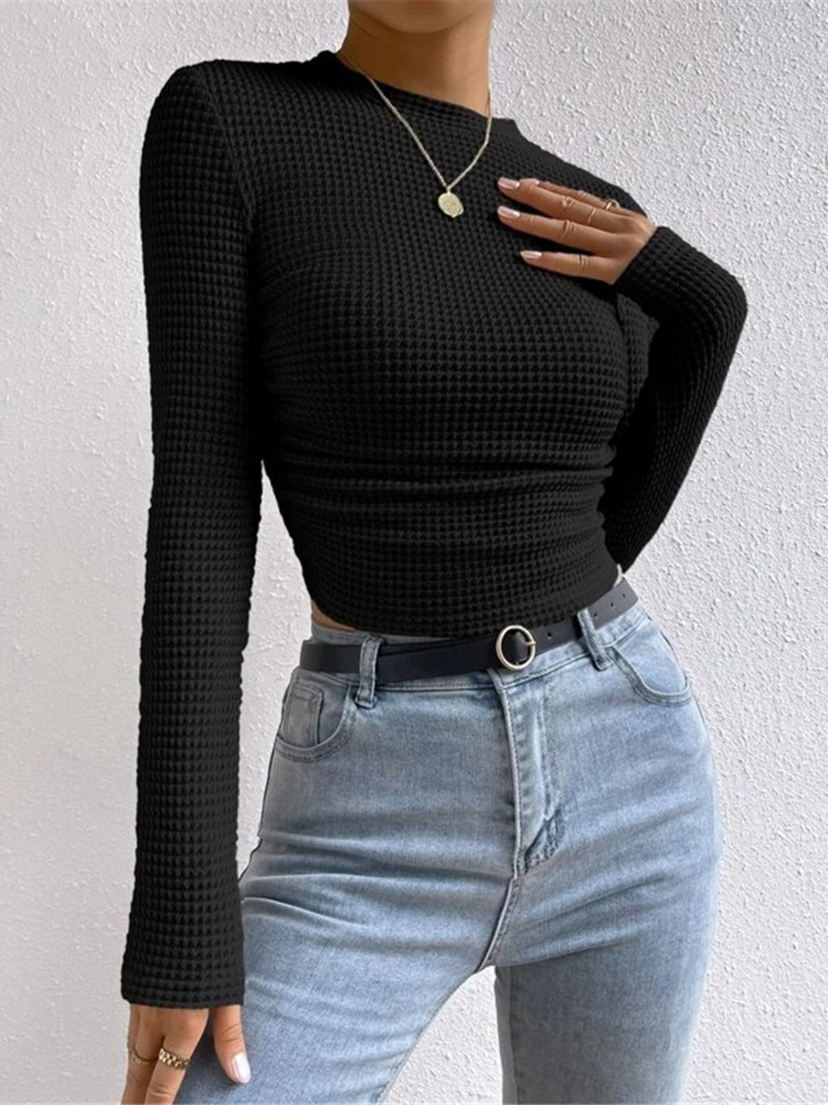 Nova Női Hosszú Ujjú Crop Top Waffle Knit Anyagból