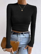 Nova Női Hosszú Ujjú Crop Top Waffle Knit Anyagból