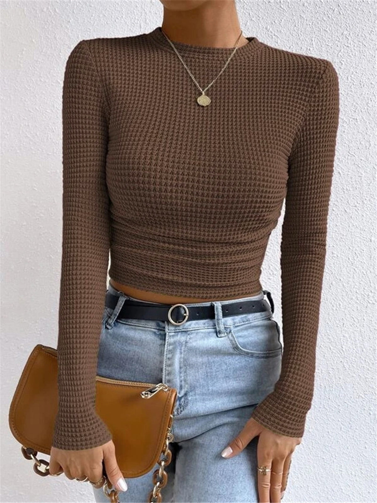 Nova Női Hosszú Ujjú Crop Top Waffle Knit Anyagból