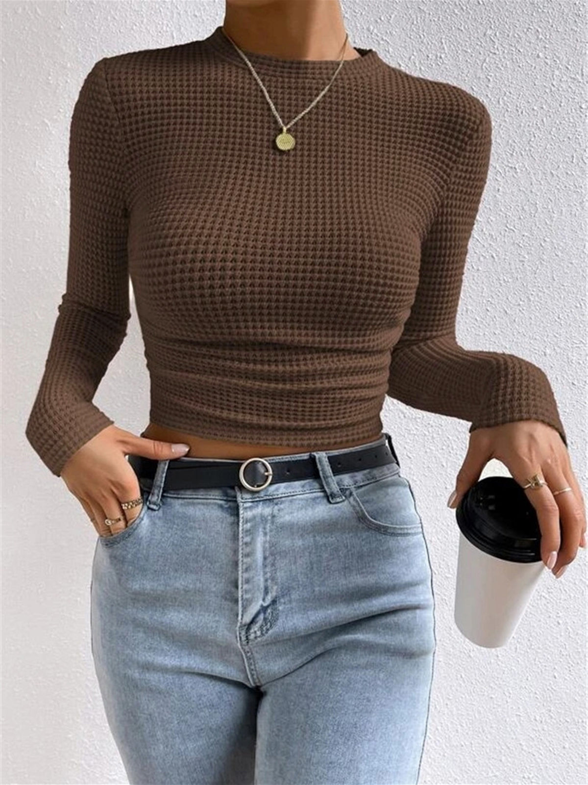 Nova Női Hosszú Ujjú Crop Top Waffle Knit Anyagból