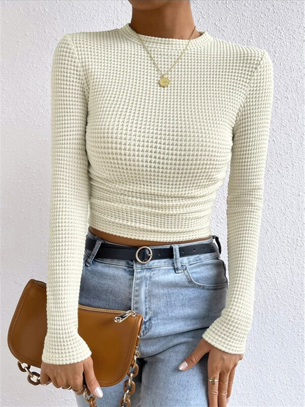 Nova Női Hosszú Ujjú Crop Top Waffle Knit Anyagból