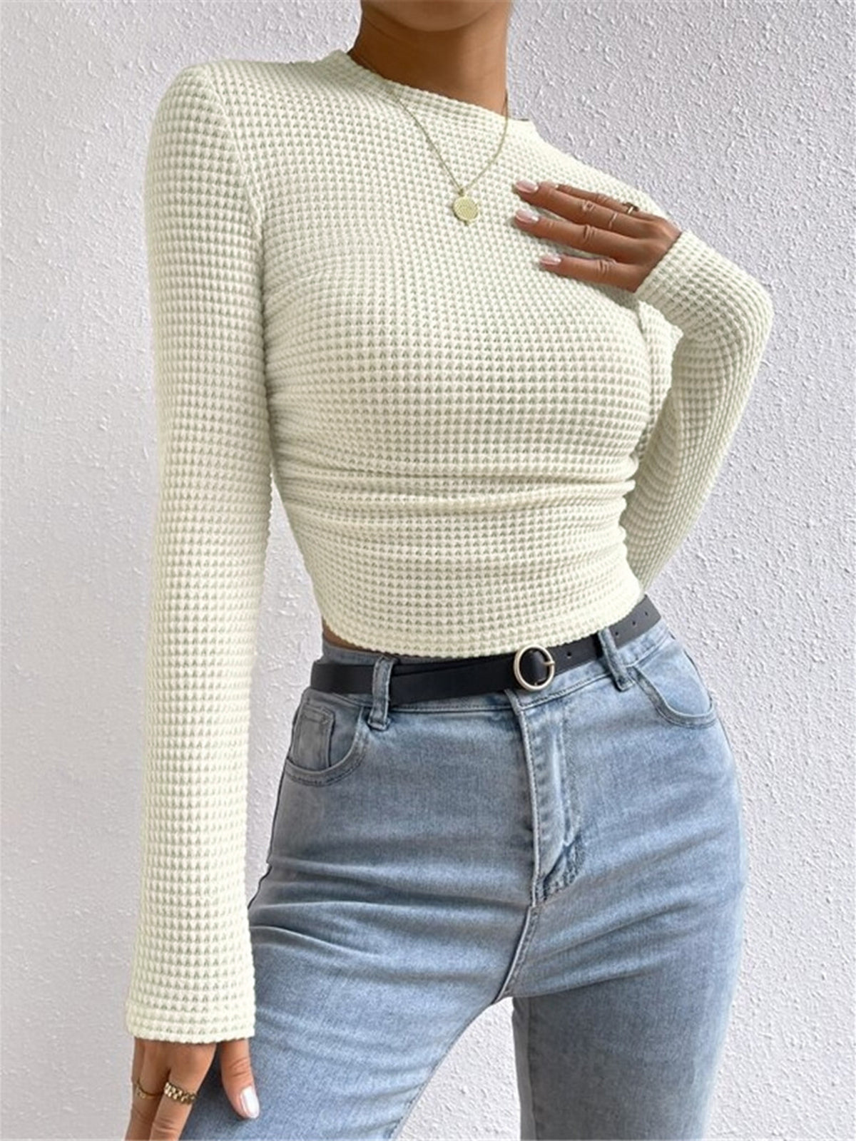Nova Női Hosszú Ujjú Crop Top Waffle Knit Anyagból