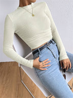 Nova Női Hosszú Ujjú Crop Top Waffle Knit Anyagból