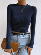 Nova Női Hosszú Ujjú Crop Top Waffle Knit Anyagból