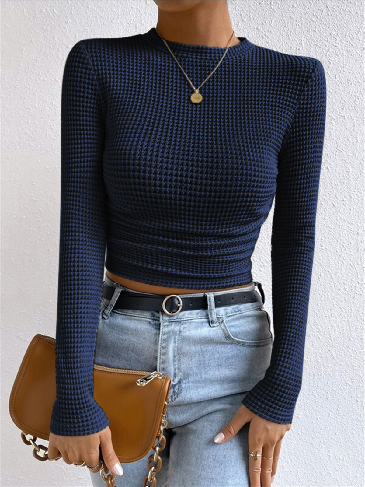Nova Női Hosszú Ujjú Crop Top Waffle Knit Anyagból