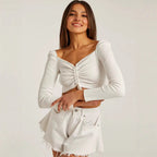 Luna Női Hosszú Ujjú Crop-Top Ráncolt Elülső Részsel