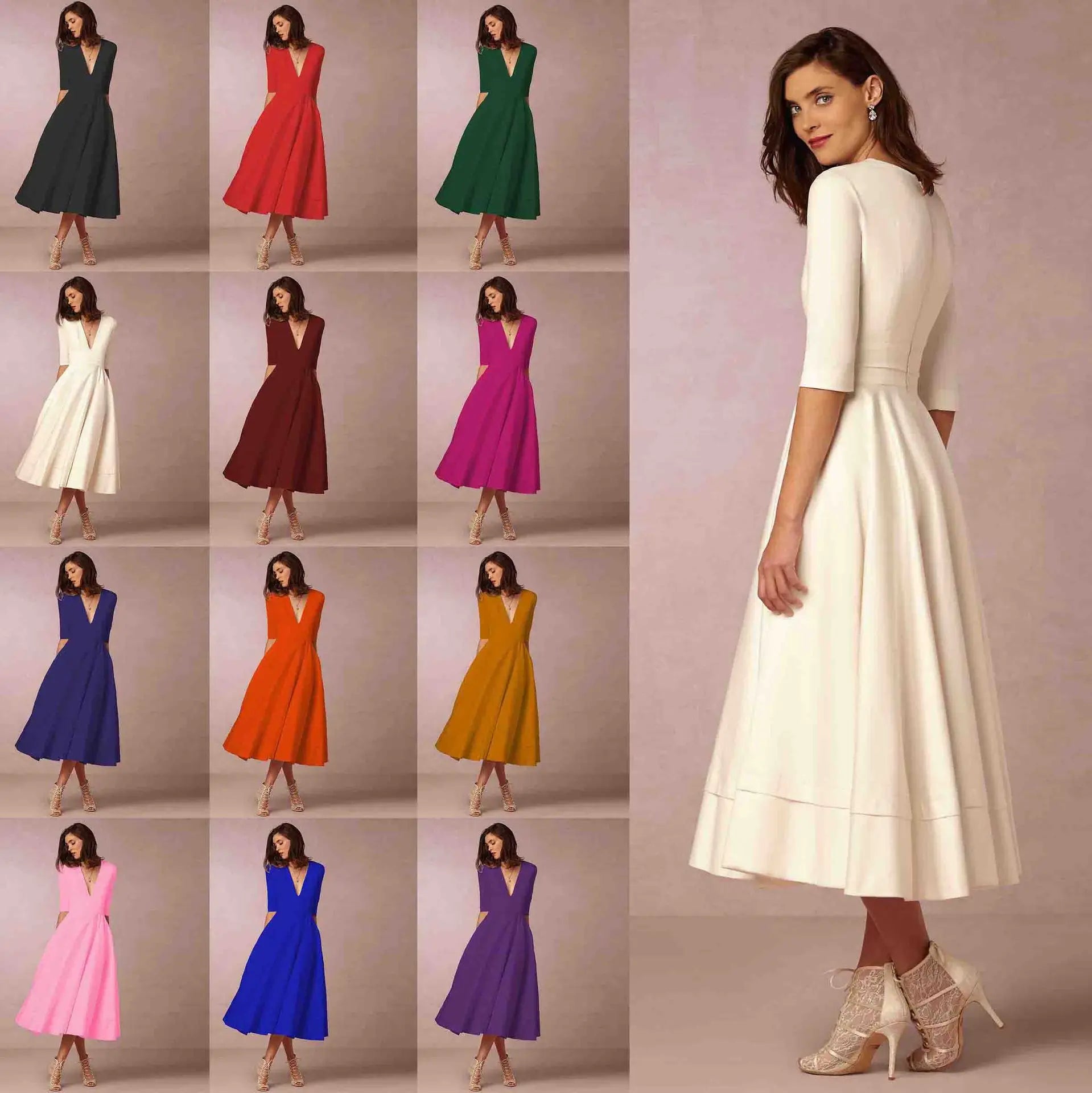 Astra Style Női Ivoire Midi Ruha Fitt Elegáns Kivágás