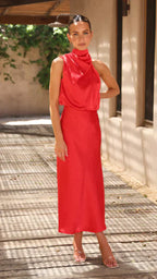Nivora Női Elegáns Halter Midi Ruha Lógó Nyakkivágással
