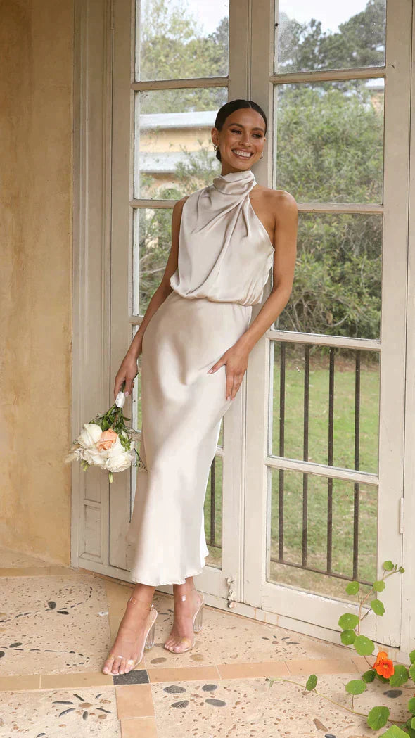 Nivora Női Elegáns Halter Midi Ruha Lógó Nyakkivágással