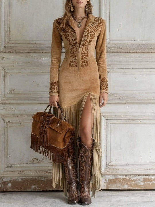 Luna Női Suede Fringes Nyári Maxi Ruha Könnyed Folyékony Sziluett És Lazán Elegáns Részletekkel
